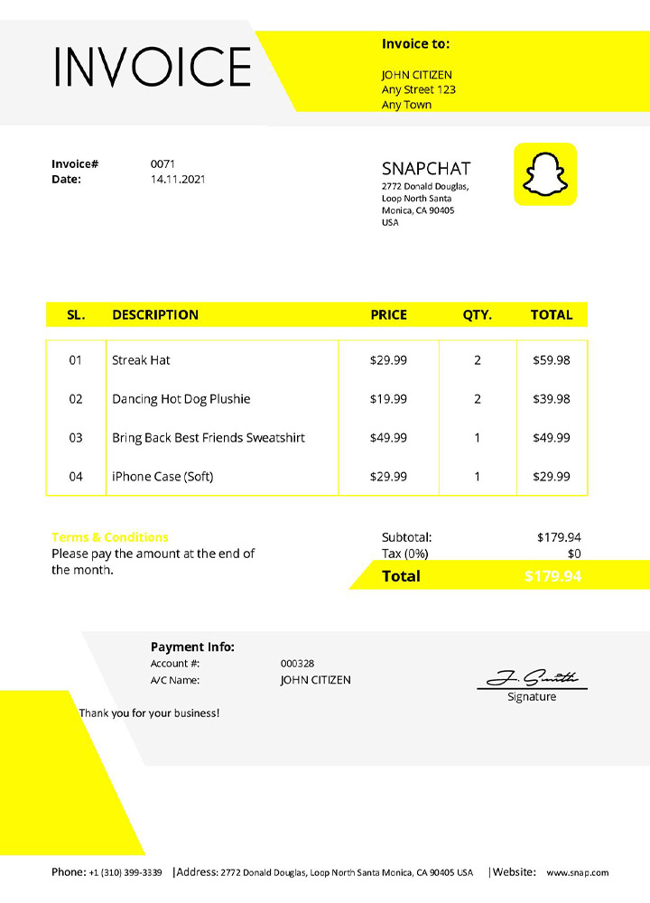 USA Snapchat invoice PSD template